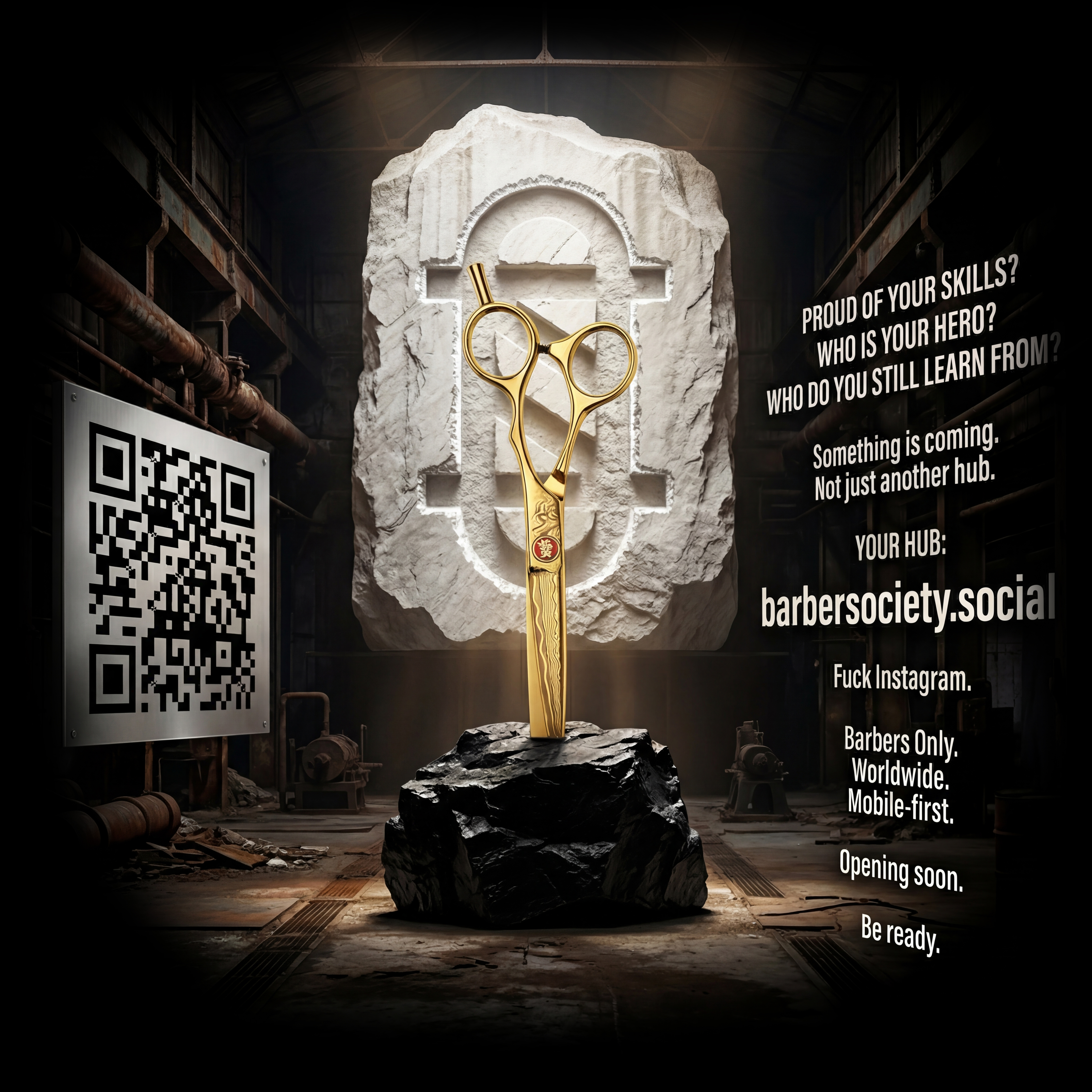 BarberSociety Social poster with QR code and sculptural scissors